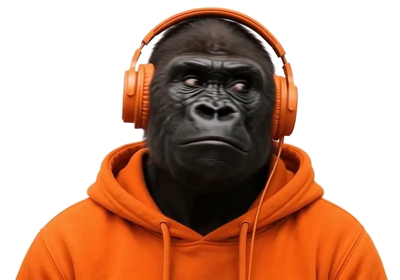 Gorila con cascos naranjas que te sigue con la mirada